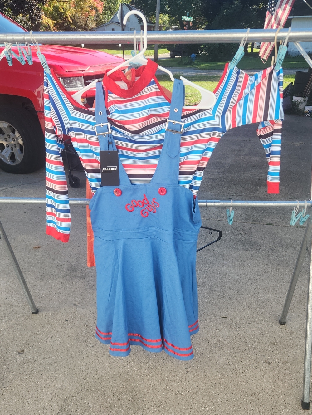Womans Blue Pinafore Dress with Red Stripe Detail - Good Guys
